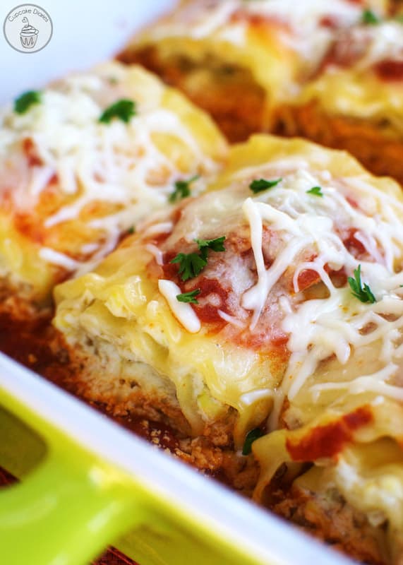 Spinach Lasagna Rolls in a casserole dish.