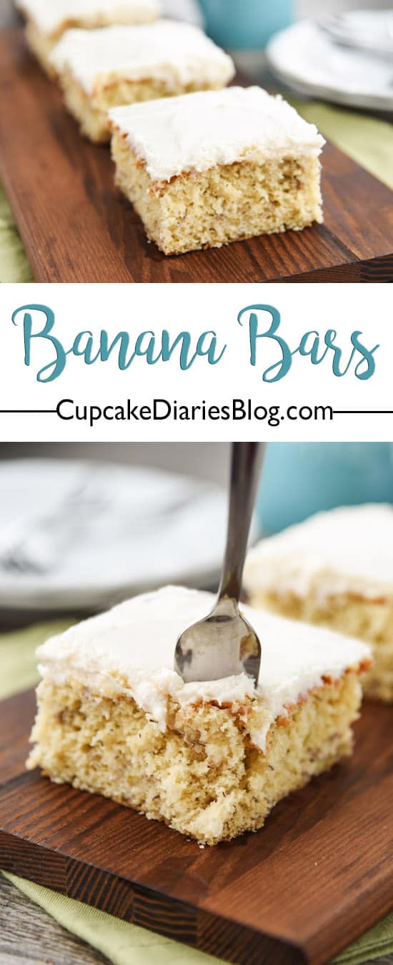 If you like banana bread, you're going to love these Banana Bars! They're perfectly cakey and topped with a decadent cream cheese frosting.