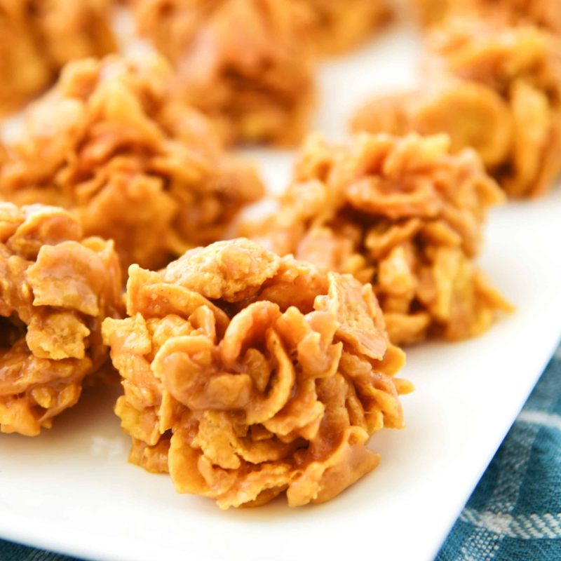 You can't get much easier than chewy and delectable No Bake Peanut Butter Corn Flake Cookies! It really is a delight biting into one of these cookies.
