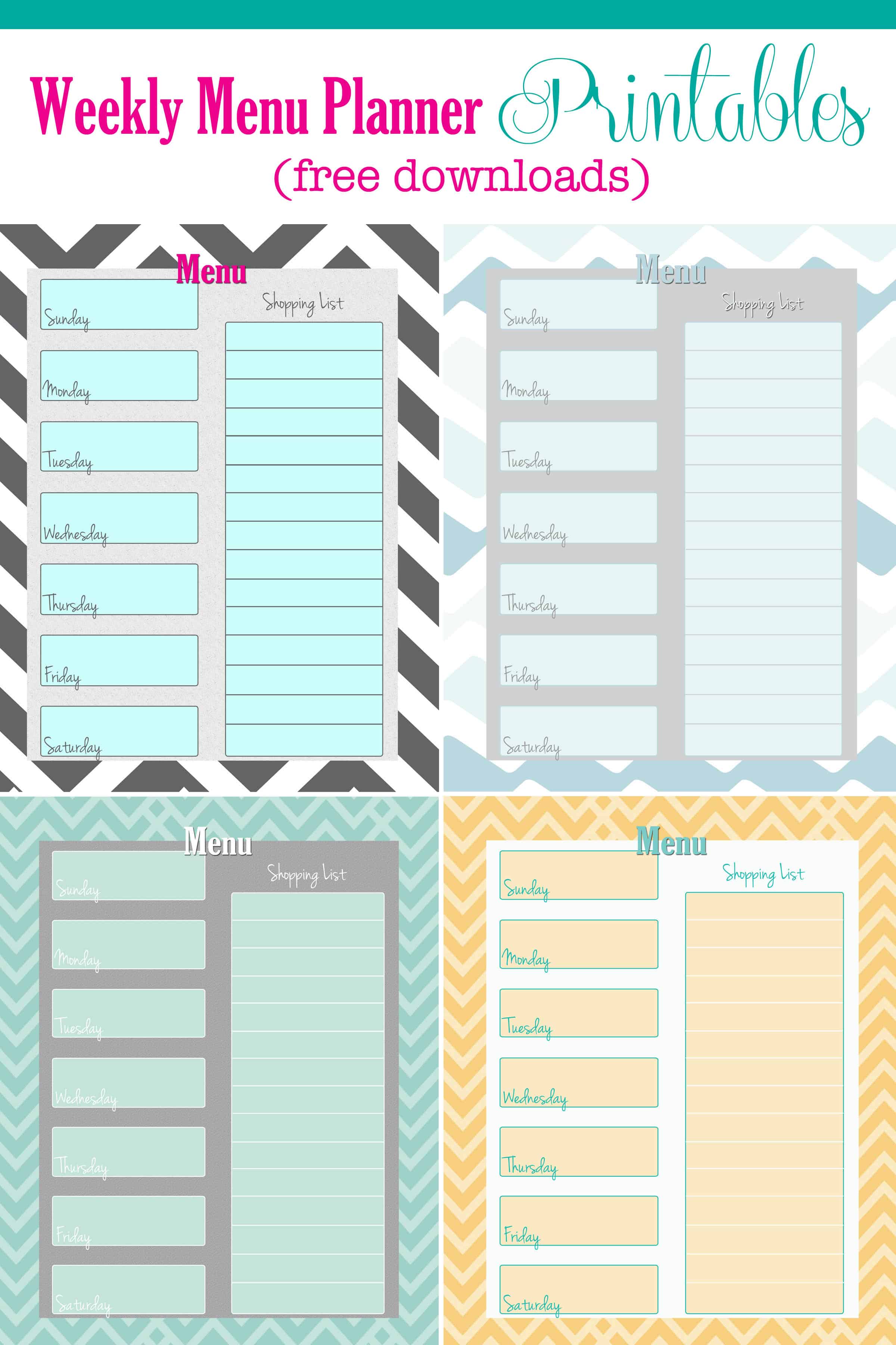 FREE Weekly Menu Planner Printable 4 Colors Cupcake Diaries