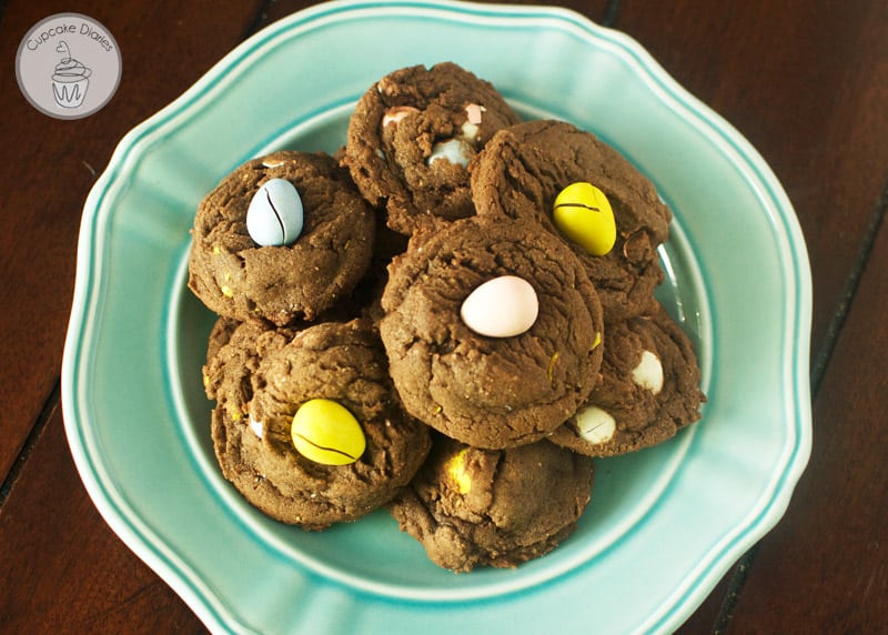 Chocolate Mini Cadbury Egg Cookies - Chewy, chocolatey cookies filled with crunchy mini cadbury egg candies. A perfect treat for springtime and Easter!