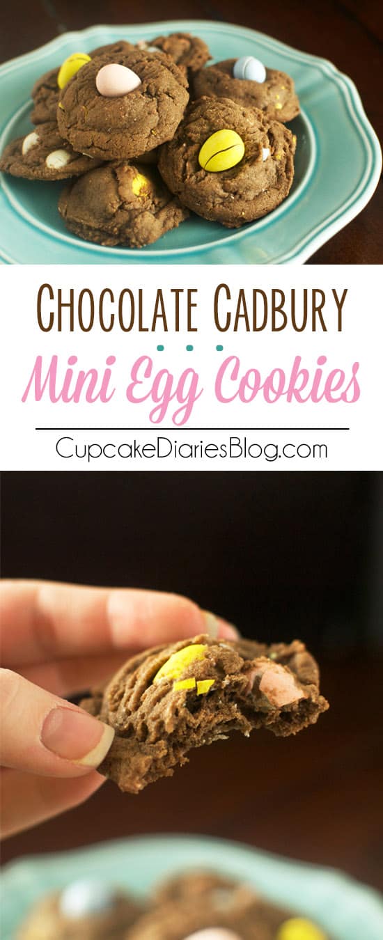 Chocolate Cadbury Mini Egg Cookies - Chewy, chocolatey cookies filled with bright and creamy Cadbury mini egg candies. A perfect treat for Easter and springtime!