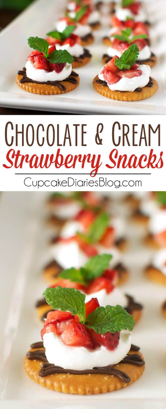 Chocolate and Cream Strawberry Snacks - Dark chocolate, whipped cream, and sweet strawberries topped on a RITZ® cracker. A perfect snack to satisfy a sweet craving! #PutItOnARitz #Ad