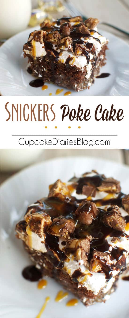 Snickers Poke Cake - This cake is so moist and decadent with chewy Snicker bars on top. This cake is amazing!