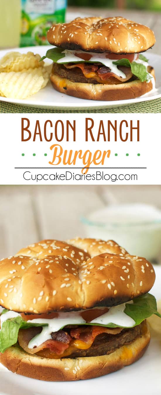 Bacon Ranch Burger - A juicy cheeseburger topped with crispy bacon and a tangy ranch dressing. Perfect for a summer BBQ! 