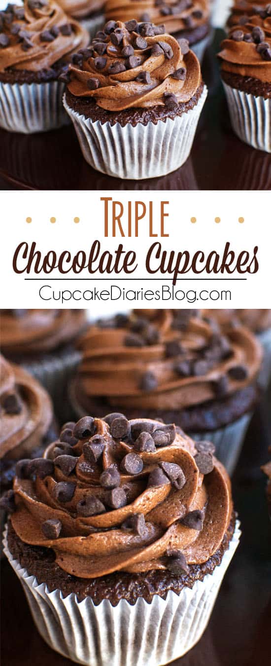 Triple Chocolate Cupcakes - Decadent chocolate cupcakes topped with a chocolate buttercream frosting and chocolate chips. The ultimate chocolate dessert!