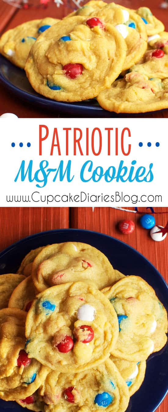 Patriotic M&M Cookies - Perfectly chewy cookies are baked with an abundance of patriotic M&M's instead of chocolate chips. These tasty cookies will be the best you eat all summer!.