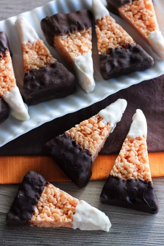 chocolate dipped candy corn rice krispie treats – 30 days of halloween 2016: day 11