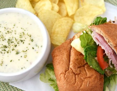 Toasted Ham and Turkey Sup with Creamy Potato Soup