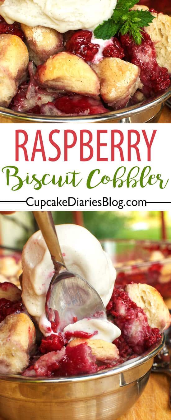 Easy Raspberry Biscuit Cobbler - Top with vanilla ice cream and you've got yourself a delicious treat. This raspberry dessert is perfect for summer!