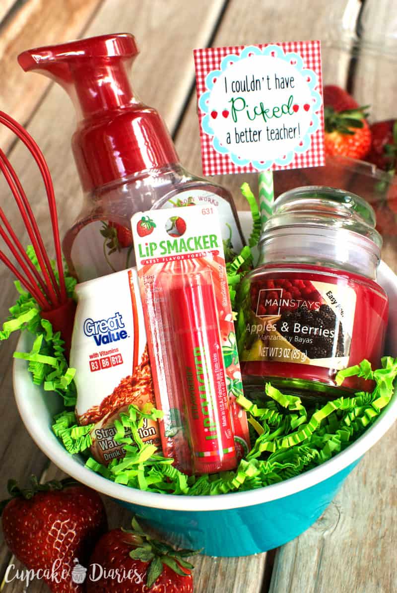 Strawberry Teacher Gift - Give your child's teacher the gift of strawberries! A bowl of strawberry-scented products is a fun way to thank your child's teacher at the end of the school year.
