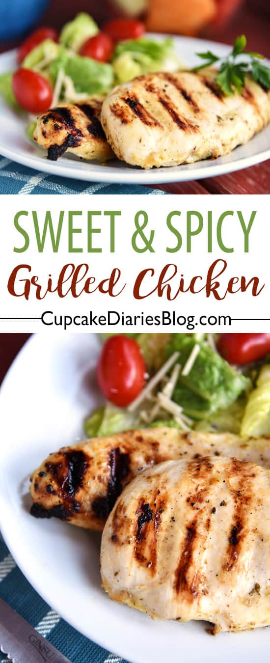 Sweet and Spicy Grilled Chicken - Grilled and juicy chicken breasts are marinated in a two-ingredient dressing to make a perfectly sweet, zesty, and spicy entree!