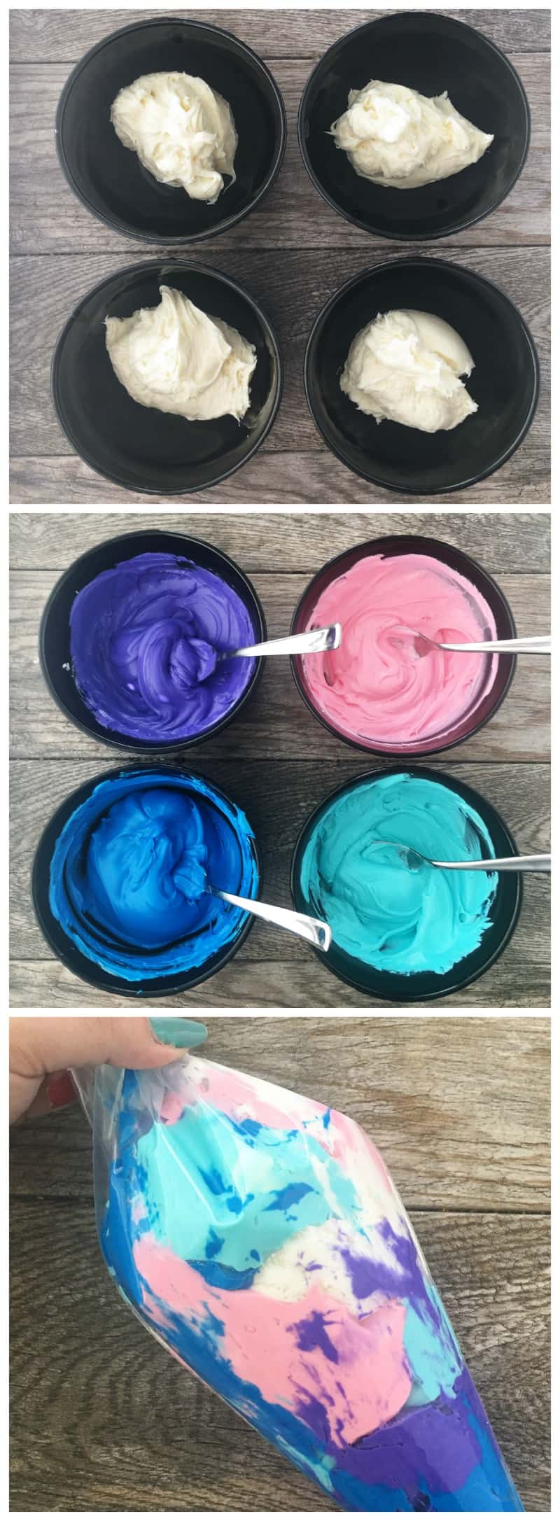 For a more advanced cupcake, you can create galaxy frosting using regular Pillsbury Creamy Supreme® Vanilla Flavored Frosting and food coloring! You will need half a can of frosting per color. I had five colors (including white) so I used three cans.