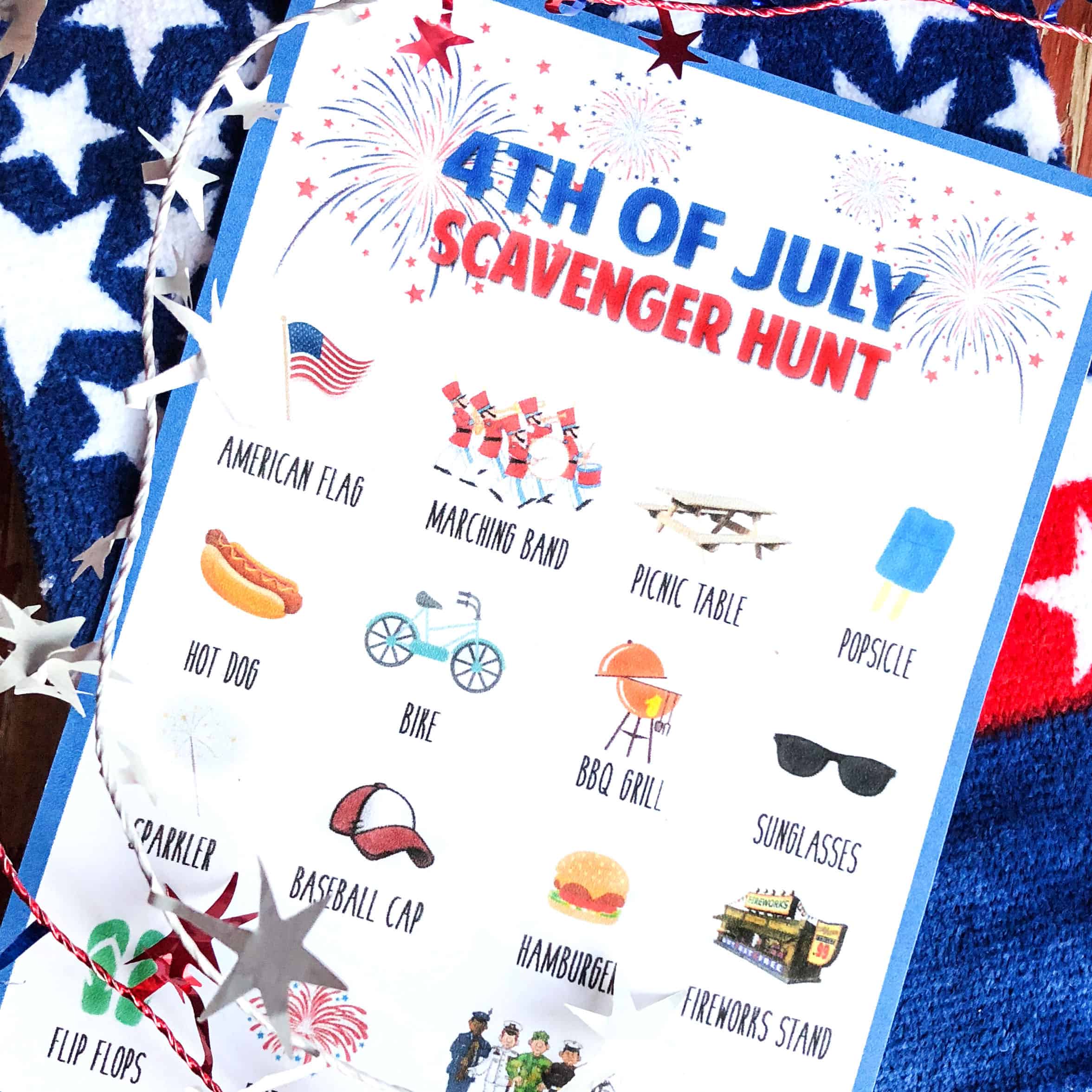 A Fourth of July scavenger hunt is so fun for the kids to do at a family barbecue or while waiting for the fireworks to start!