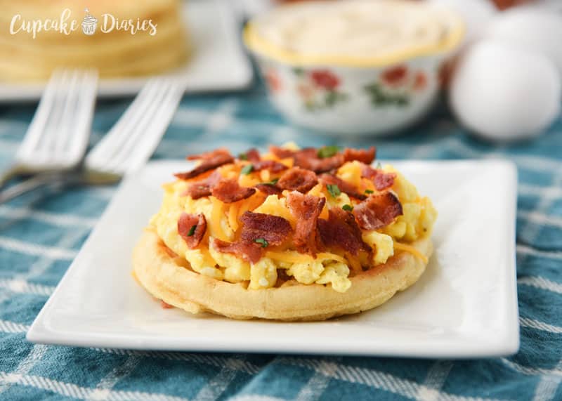 Waffle Breakfast Pizzas have a wonderfully creamy maple butter that serves as a delicious sauce!