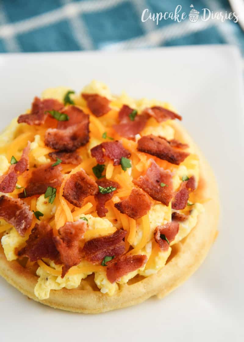 Waffles are the perfect crust for a breakfast pizza! Slather with creamy maple butter for a touch of sweetness.