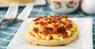 Waffe Breakfast Pizzas with Maple Butter - Layers of tasty breakfast favorites, including a sweet maple butter!