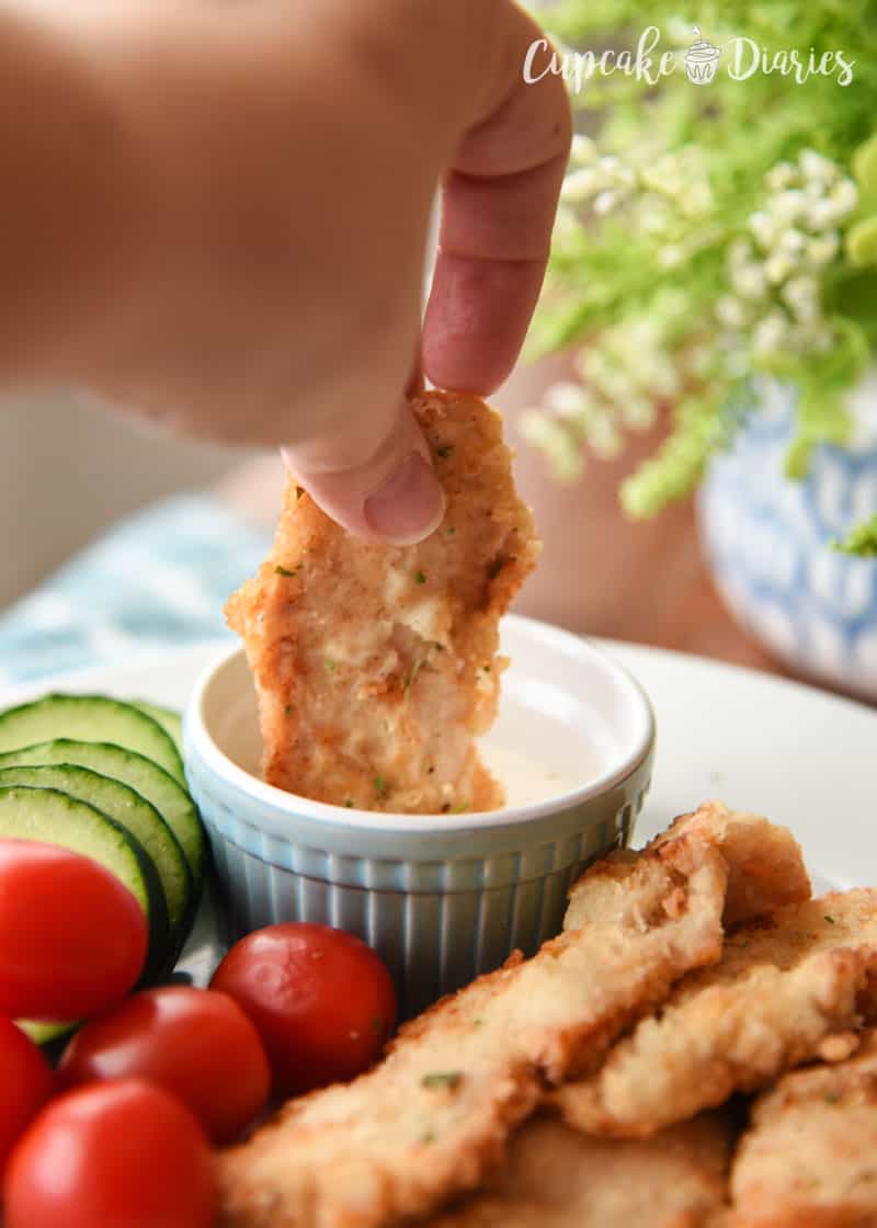 Homemade Low-Carb Chicken tenders are great served with ranch dressing and a side of fresh veggies!