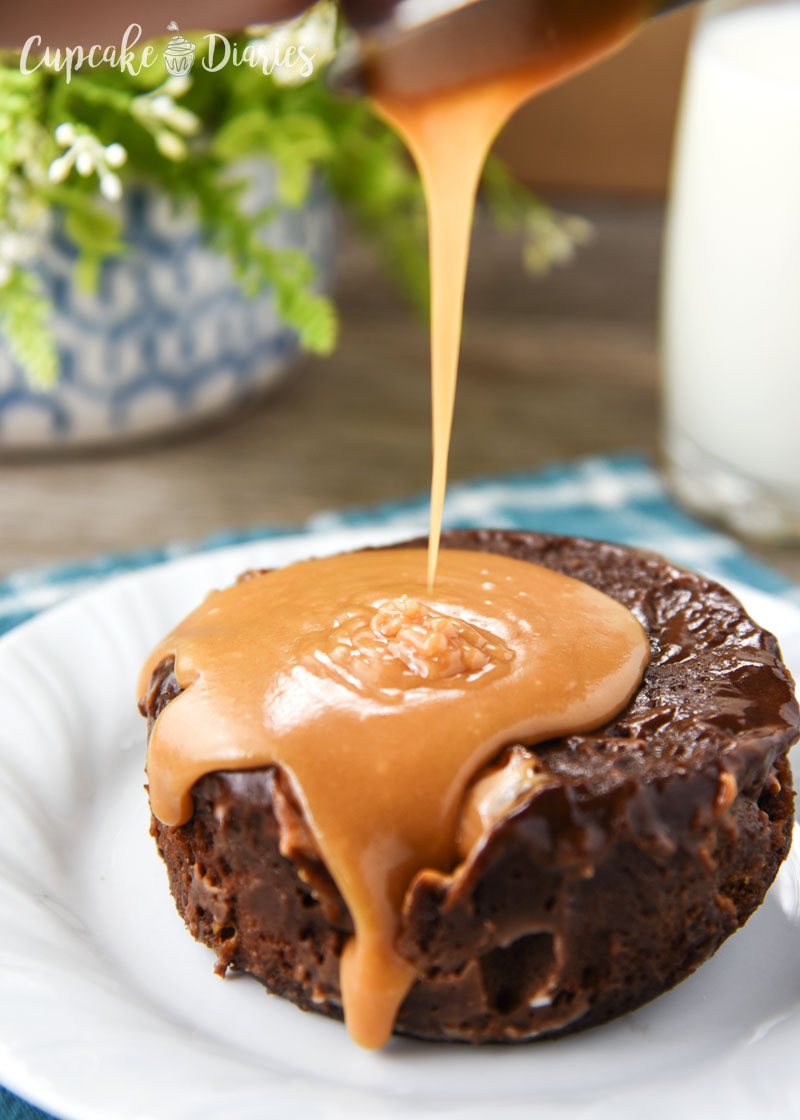 Decadent chocolate cake swirled with creamy peanut butter and topped with a hot peanut butter sauce. Ready in five minutes!