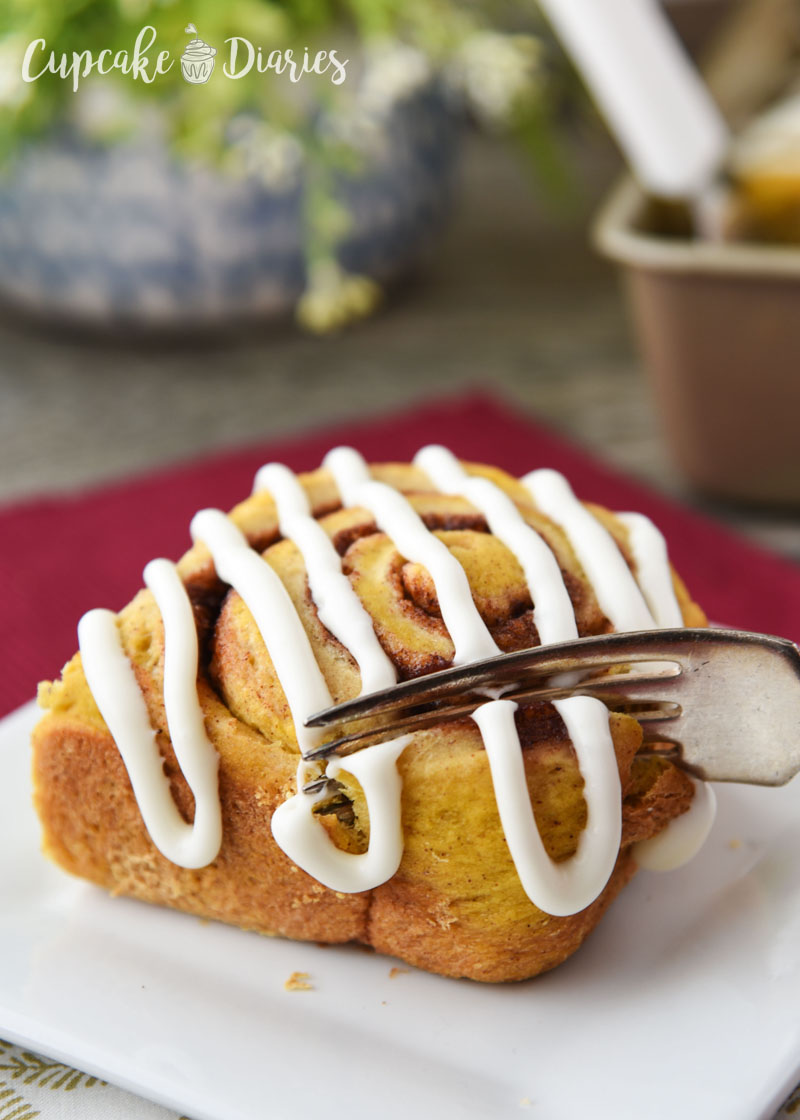 Heat up a delicious Pumpkin Cinnamon Roll for breakfast this Thanksgiving!