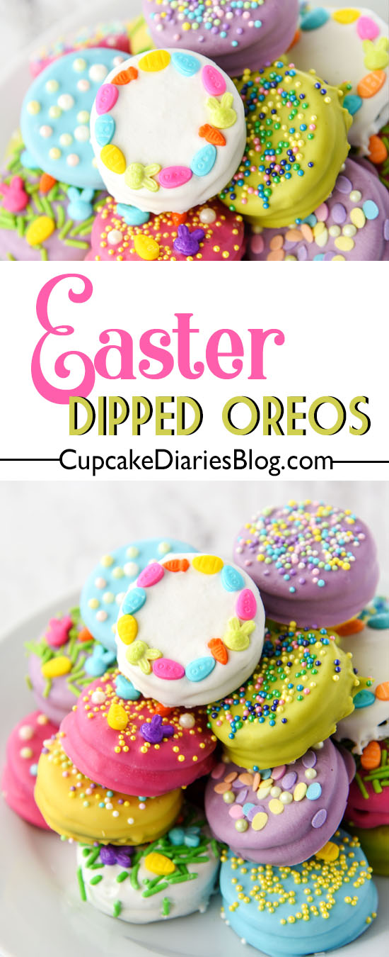 Oreo cookies dipped in bright colors and decorated for Easter!
