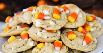 Chewy and chunky cookies loaded with white chocolate chips and candy corn!