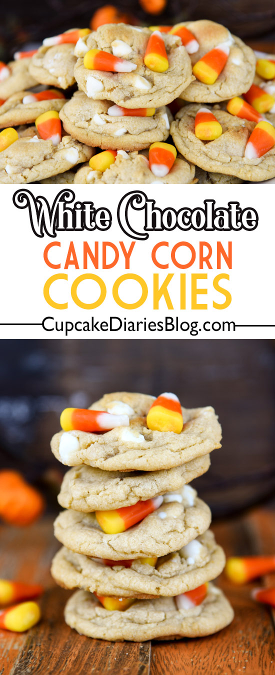 Chewy cookies loaded with white chocolate chips and candy corn! A perfect treat for fall.
