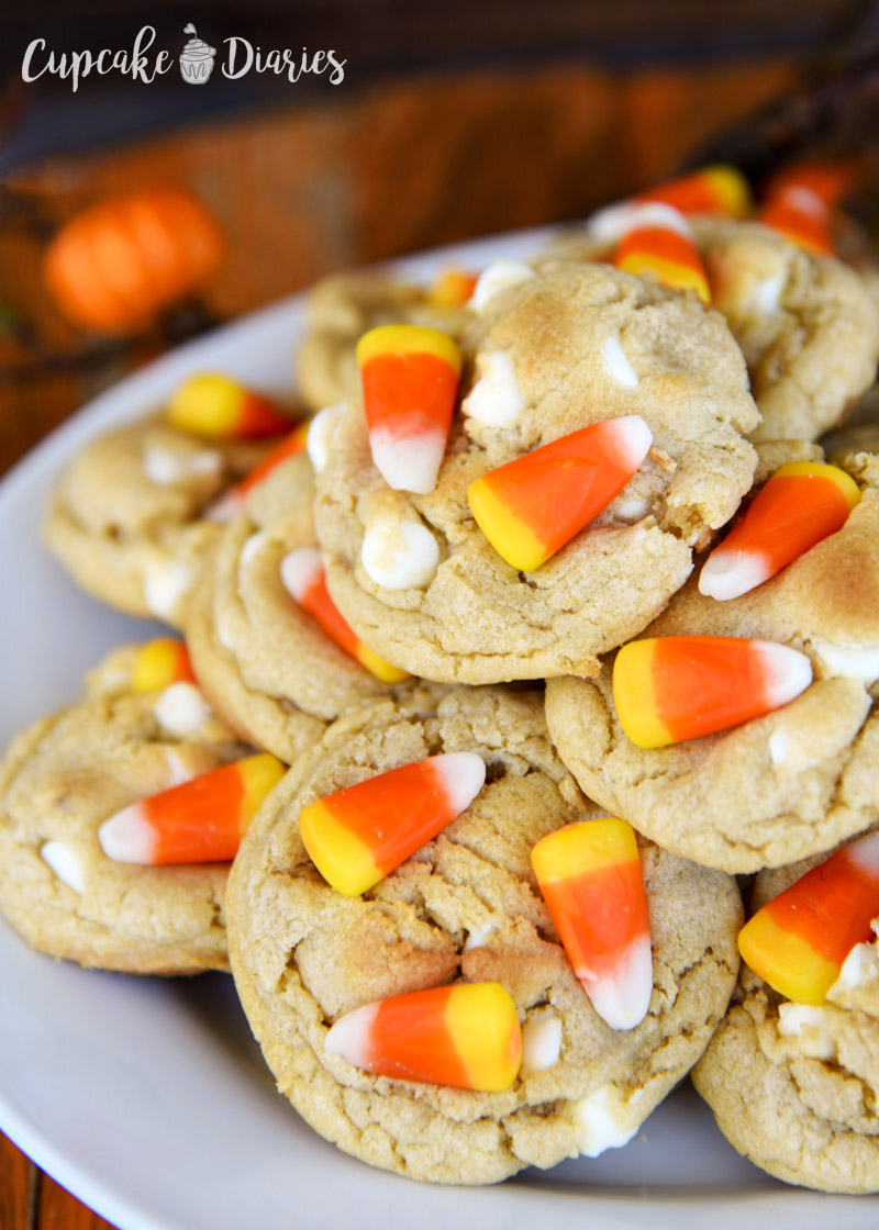 These cookies are perfectly chewy and loaded with chunks of white chocolate chips and candy corn!