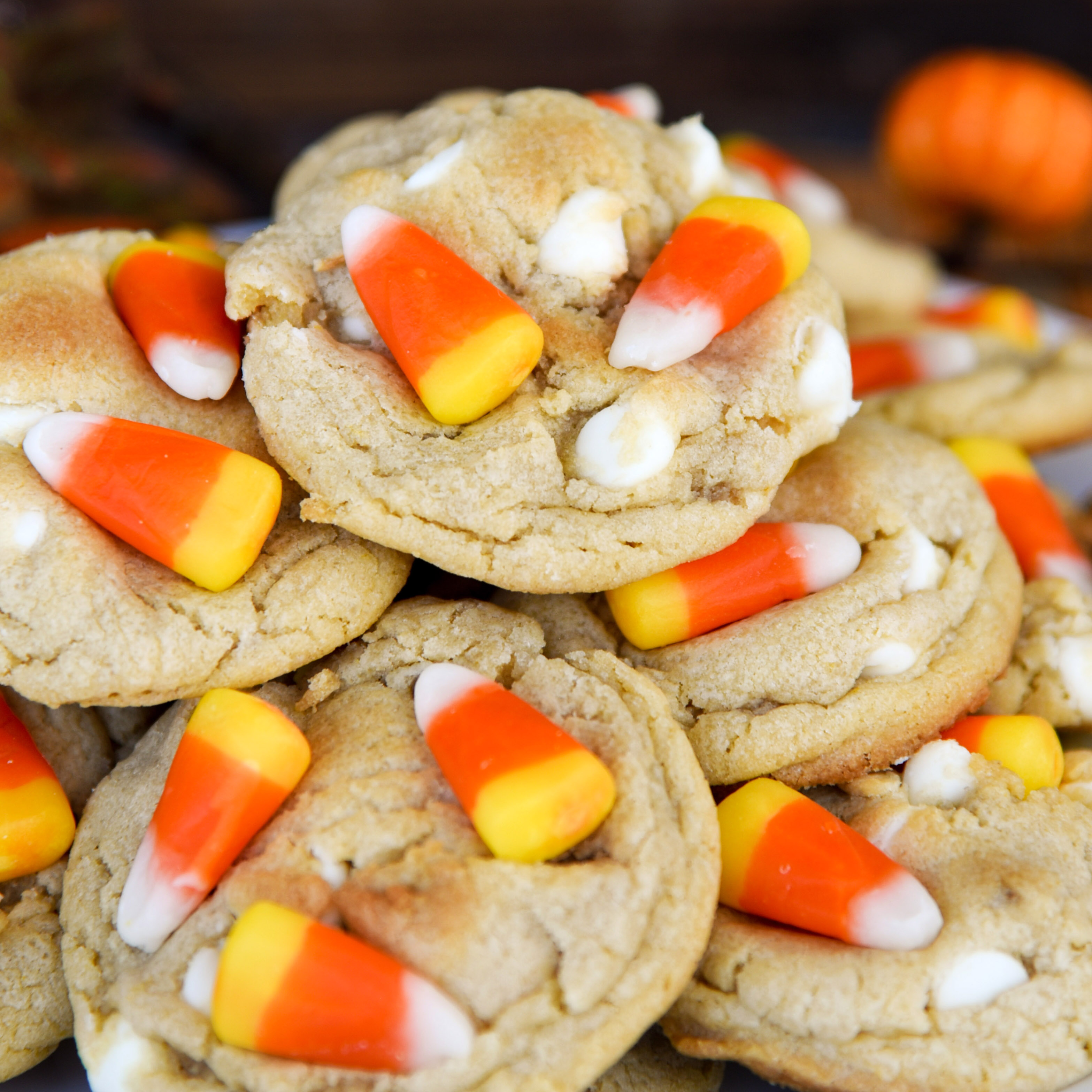 Chewy and chunky cookies loaded with white chocolate chips and candy corn!