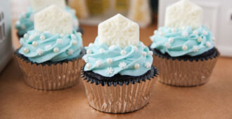 Chocolatey cupcakes topped with a beautiful winter blue buttercream and a white chocolate snowflake.